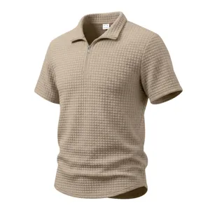 Men's retro waffle knit short sleeve zip polo shirt casual summer business stylish top