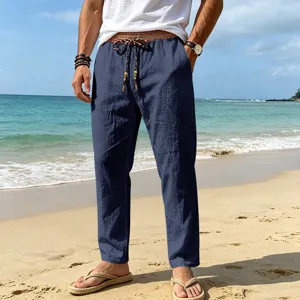 Men's casual loose linen beach trousers with ethnic drawstring straight fit summer pants