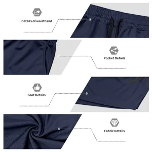 Men's quick-dry mesh athletic shorts detail view, featuring elastic waistband and zipper pocket.