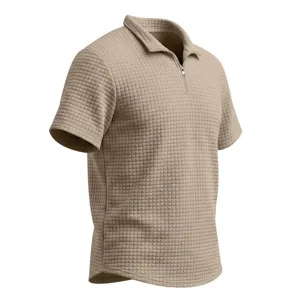 Men's casual waffle knit short sleeve polo shirt with half zipper summer top new