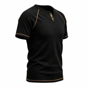 Close-up view of mens short sleeve waffle henley t-shirt with contrast stitching details.