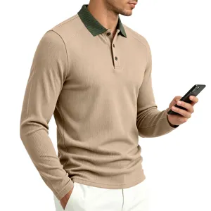 Detail view of men's long sleeve knit polo shirt with contrast ribbed lapel in khaki and green.