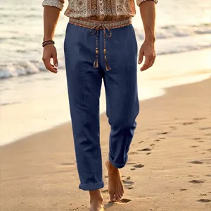 Men's casual loose linen beach pants with ethnic drawstring straight leg trousers