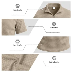 Close-up details of the men's waffle knit stand collar zip short sleeve polo shirt.
