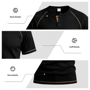 Close-up detail showing the collar, contrast stitching, and buttons of the waffle t-shirt.
