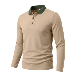 Detailed view of men's long-sleeve polo shirt, showing ribbed collar and button placket design.