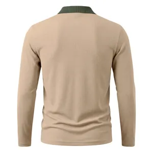 Back detail view of men's casual long sleeve polo shirt with contrast ribbed collar.