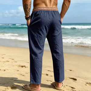 Mens casual beach trousers loose linen straight leg pants with ethnic waistband style