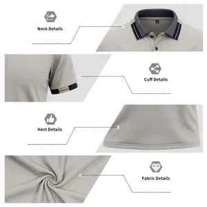 Vista detallada de polo de manga corta para hombre, tejido transpirable con cuello de contraste.