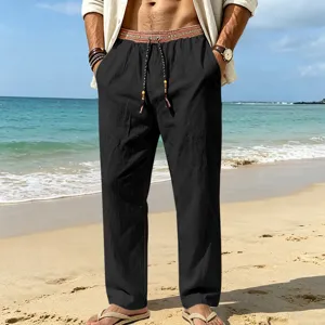 Men casual linen beach pants detail, ethnic waistband, loose straight fit, breathable style