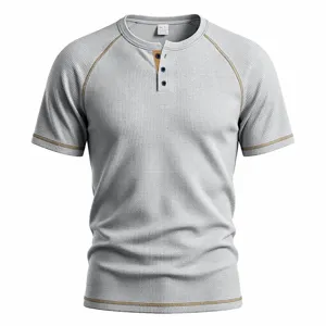 Men's summer breathable contrast waffle raglan short sleeve Henley t-shirt for daily wear.
