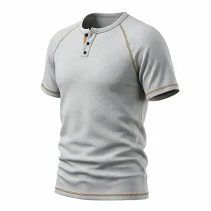 Detailed view of the gray waffle knit short sleeve Henley t-shirt with contrast stitching.
