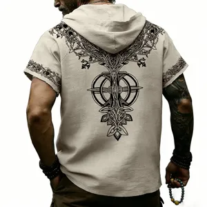 Camiseta de manga corta de lino para hombre con capucha y estampado retro de árbol rúnico holgada