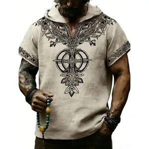 Vista detallada de la camisa de lino con capucha para hombre con estampado rúnico.