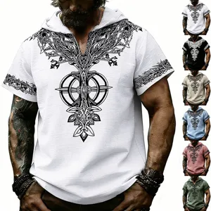 Camiseta con Capucha de Verano para Hombre Aspecto Lino Slub Vintage Árbol de la Vida Estampado de Runas Suelto