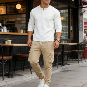 Men's waffle long sleeve henley shirt and cargo pants casual outfit set for spring autumn.