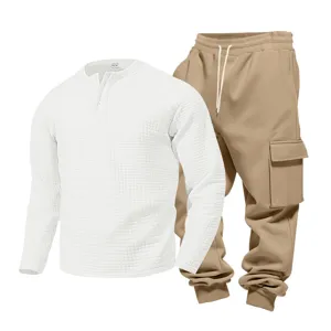 Men's casual waffle henley long sleeve shirt and khaki cargo pants outfit set for men.