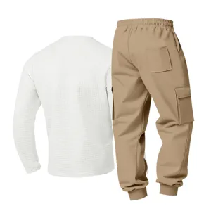 Men casual waffle long sleeve top and khaki cargo pants set for spring autumn daily wear.