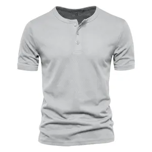 Men's short sleeve Henley shirt, casual slim fit breathable sports top in light grey.