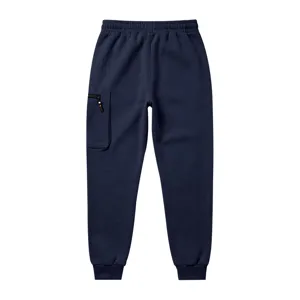 Detailed view of mens navy blue casual sports cargo sweatpants with cuffed hem and pockets.