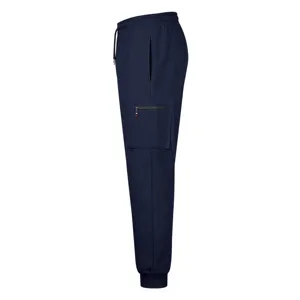 Men's navy blue cargo sweatpants detail view featuring side zipper pocket and elastic cuff.