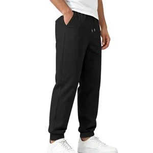 Detail view of men's black sweatpants featuring cuffed ankles and comfortable fit side view.