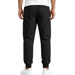 Mens black casual cargo pants with multi pockets and cuffed hems for autumn winter.