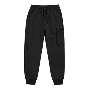 Detail shot of black men's casual cargo sweatpants with elastic drawstring waist and pocket.
