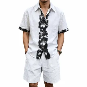 Men's summer linen short sleeve shirt and shorts two piece set detail view casual wear white