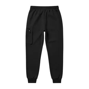 Mens casual black cargo sweatpants with pockets, heavy fleece, elastic waist and cuffed hem.