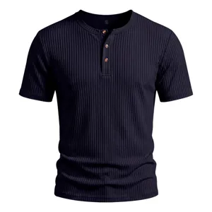 Men's short sleeve ribbed Henley t-shirt summer casual slim fit basic top with buttons.