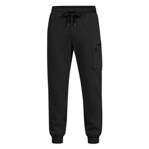 Black cargo pants detail view showing zipper pocket, elastic drawstring waist, and cuffed ankles.