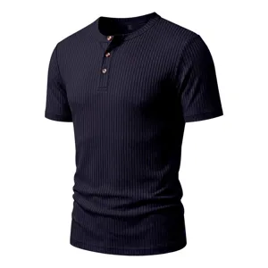 Men's short sleeve Henley t-shirt slim fit casual ribbed knit summer top with three buttons.