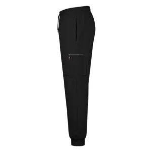 Side detail view of mens black cargo sweatpants with zipper pocket and elastic cuffs.
