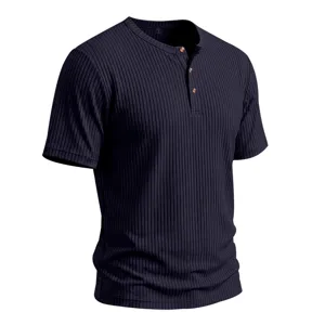 Mens casual ribbed short sleeve Henley shirt in dark navy blue with a three button placket.