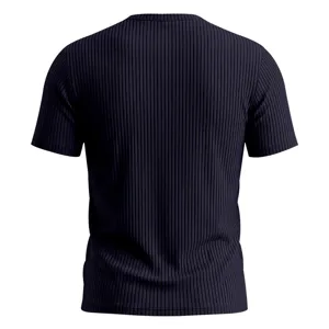 Back view detail of men's casual ribbed short sleeve t-shirt, showing soft knitted texture.