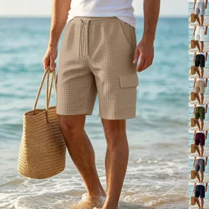 Men's casual waffle knit cargo shorts with drawstring waist and multi-pockets for beach summer.