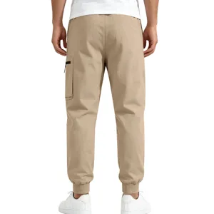 Back detail of men's khaki cargo pants featuring utility pocket and elastic cuffs.