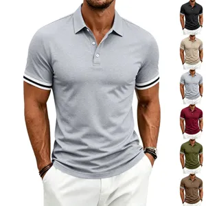 Summer casual men's contrast color polo shirt with short sleeves and stylish striped cuffs.