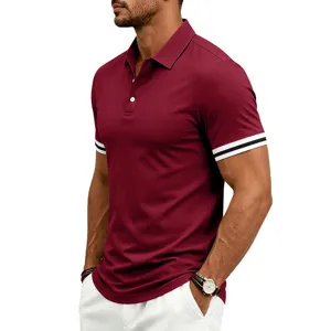 Close-up of men's burgundy polo shirt featuring contrast striped short sleeves and collar.