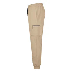 Men's khaki casual cargo sweatpants featuring side zipper pockets and elastic cuffed hems.