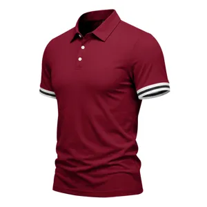 Men's short sleeve polo shirt casual burgundy top with striped cuffs and comfortable fit.