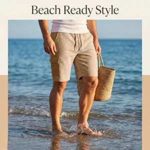 Men's casual summer beach cargo shorts with multi-pockets and adjustable drawstring waist.