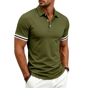 Close-up detail of the contrast stripe cuff and lapel collar on the men's olive green polo shirt.