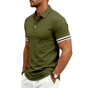 Men's casual short sleeve polo shirt with color-block striped cuffs and lapel design.