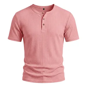 Men's casual summer short sleeve ribbed henley t-shirt in pink with classic button placket.