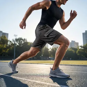 Men casual sports running cargo shorts with grid pattern and multiple pockets active style.