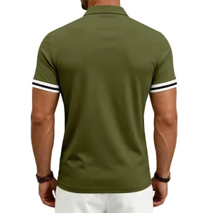 Men's olive green short sleeve polo shirt featuring stylish black and white contrast trim details.