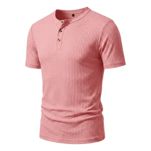 Men's ribbed short sleeve Henley t-shirt, casual summer basic top with three button placket.