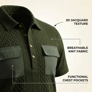 Polo da uomo a maniche corte in maglia con texture jacquard 3d e tasche sul petto utili.